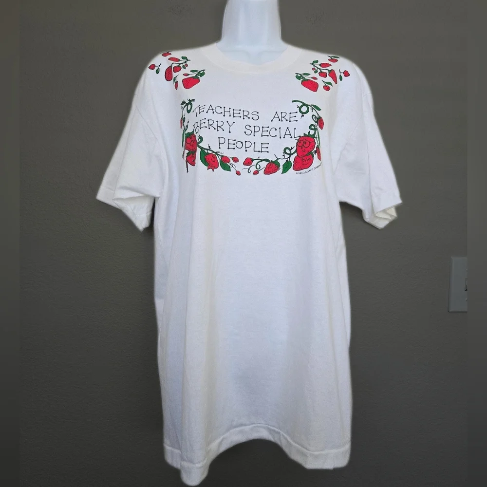 Vintage 90s Teacher Berry Cotton White Red Short Sleeve Shirt Size Large - Picture 2 of 13